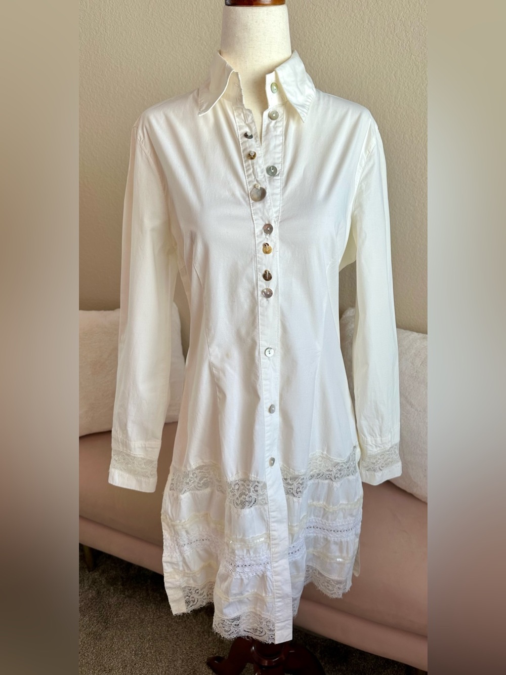 DISMERO Tunic Top Abalone Shell Lace Sequin Button Up LS Shirt White Sz S Italy